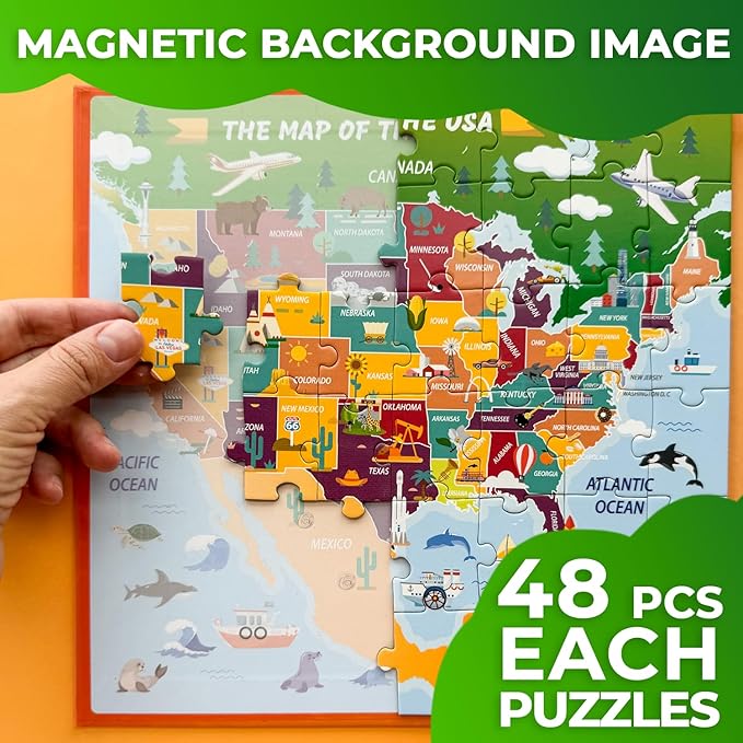 QUOKKA Magnetic Puzzles for Toddlers 4-6 - 2x48 Travel Puzzles Games for Kids Ages 3-5 - USA & World Maps Car Activities Toy for Boys and Girls - United States Learning Magnet for Road Trip