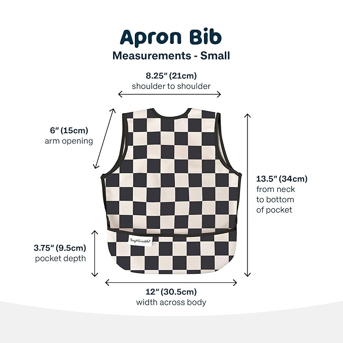 Tiny Twinkle Mess Proof Baby Bib - Waterproof & Lightweight Baby-Led Weaning Apron | 100% Recycled Polyester, Easy Clean & Machine Washable (Black Checkers, Small 6-24 Months)
