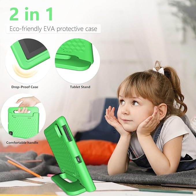 Tablet for Kids Age 3-12 10.1 inch Android 14 6000mAh 8GB RAM+64GB ROM Expandable to 1TB Kids Tablets WiFi6 Google Kids Space Parental Control 1280 * 800 HD Screen - Green