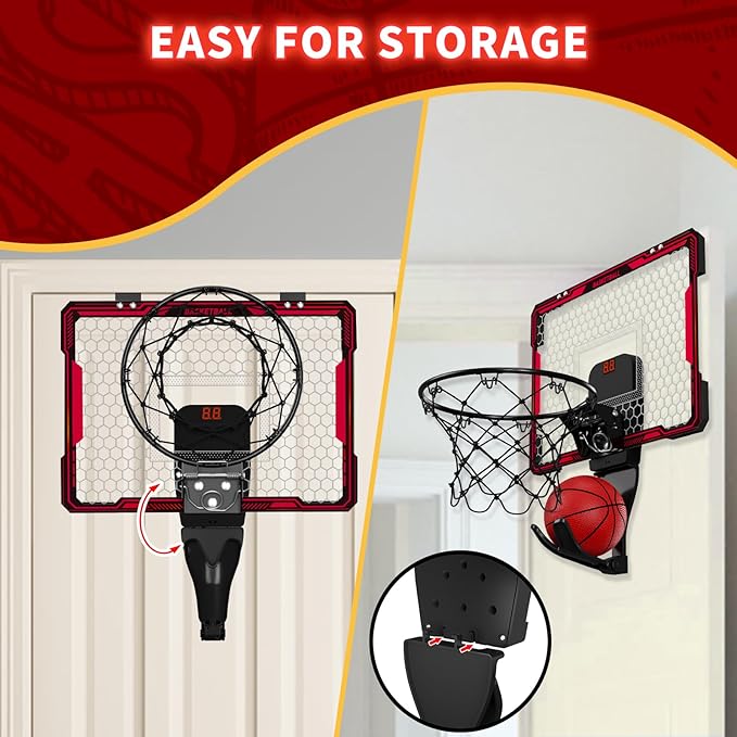 Mini Basketball Hoop with LED Lighting, Electronic Scoreboard, 3 Modes, Over Door Mount, Gift for Kids & Adults (Red)