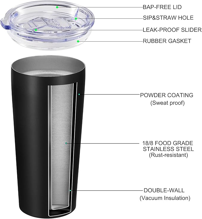 VEGOND 20oz Tumbler Bulk with Lid and Straw 1 Pack, Stainless Steel Vacuum Insulated Tumbler, Double Wall Coffee Cup Travel Mug, Black