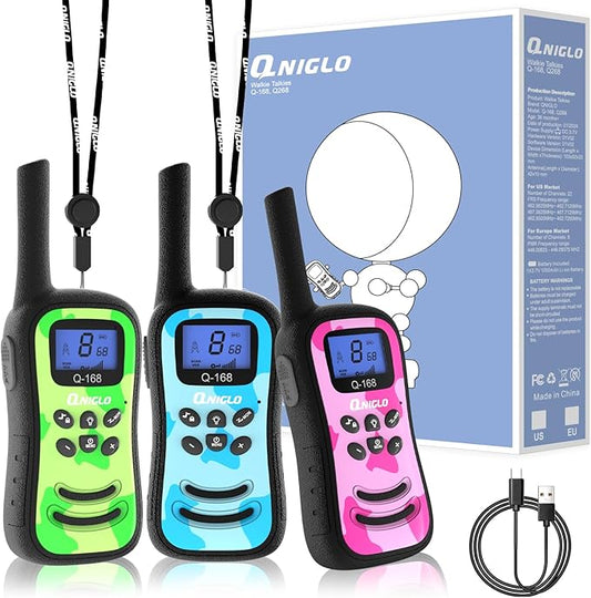 Qniglo Kids Walkie Talkies Rechargeable with USB Charger, 3 Pack Walki Talki for 3-12 Years Old Boys Girls Toys Gifts, Walkie-Talkies with Flashlight Lanyard for Camping Games and Indoor Playing