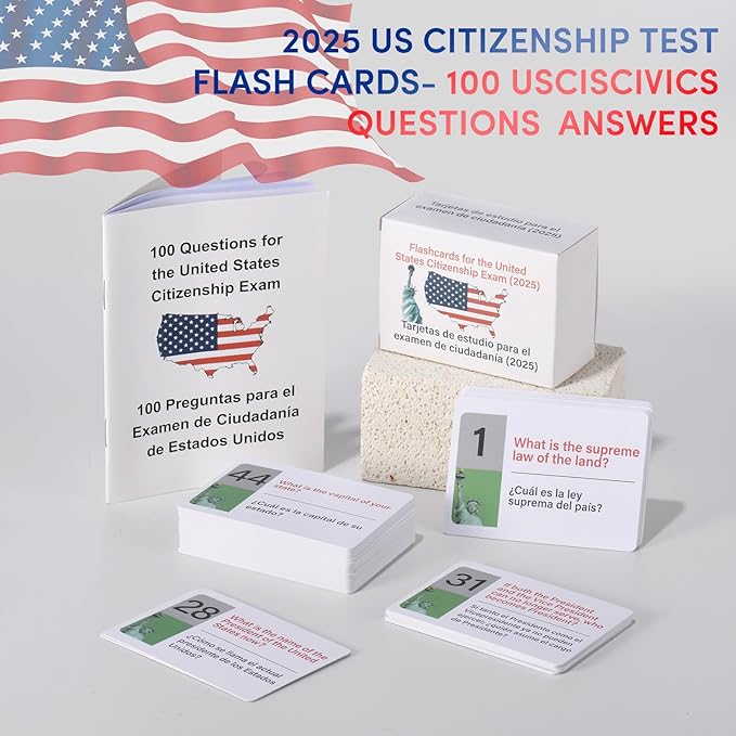 US Citizenship Flash Cards 2025 | 100 USCIS Civic Flash Card (Questions & Answers) | Bilingual English & Spanish Naturalization Test Study Guide | Includes Booklet & Portable Cards Ideal Gifts