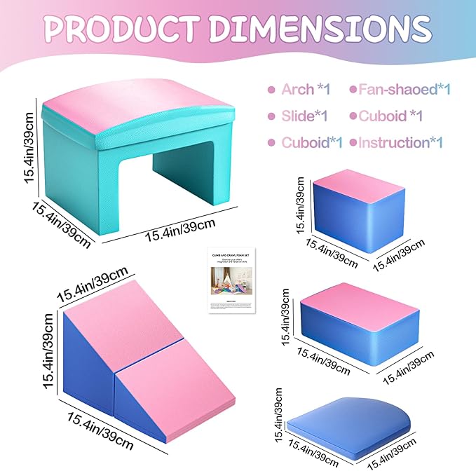 SURPCOS Crawl and Climb Foam Play Set, 6 Pcs Climbing Toys for Toddlers 1-3, Climb and Crawl Activity Playset, Soft Play Equipment Crawling and Sliding (Blue&Pink) 6 peices