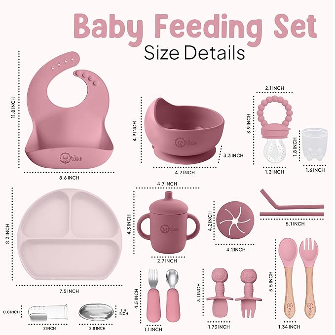 O'doe 17-Piece BPA-Free Silicone Baby Feeding Set | Thick & Soft Suction Plates, Baby Bowls, Wooden Fork & Spoon, and More | Make Mealtime Fun and Easy for Your Little One | Pink, V2