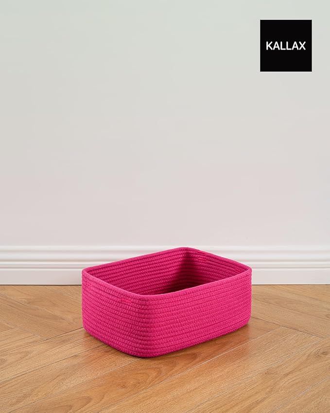 KALLAX Small Woven Basket, 13.5 x 9.5 x 5 Inches, Storage Basket for Organizing, Cute Small Rope Shelf Closet Cube Storage Bins Baskets for Shelves, Dog Toy Gift Baskets Empty, 3 Packs, Hot Pink