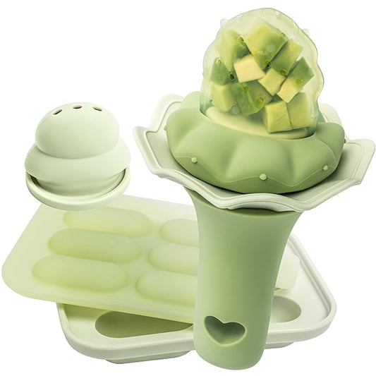 Moonkie Baby Fruit Feeder with Freezer Tray, BPA Free Silicone Food Feeder for Infant Self Feeding, Breastmilk Popsicle Molds, Mesh Feeder with Two Pouches, Baby Shower Gifts 4 Months+, 1 Pack