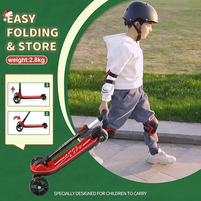 Besrey Kick Scooter for Kids Ages 3-10, 3-Wheel Folding Scooter with Adjustable Height, LED Light Wheels, Extra Wide Deck for Outdoor Activities