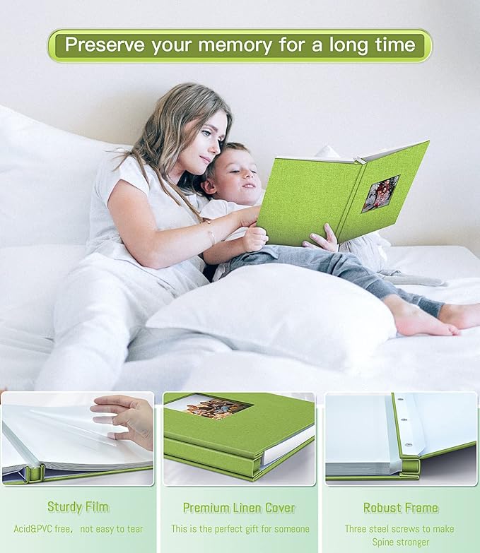 popotop Photo Album Self Adhesive with Picture Display Window,40 Pages DIY Scrapbooking Supplies Kit for 4x6 10x12 Picture,Linen Cover Memory Book for Baby Wedding, with Scraper and Metallic Pen