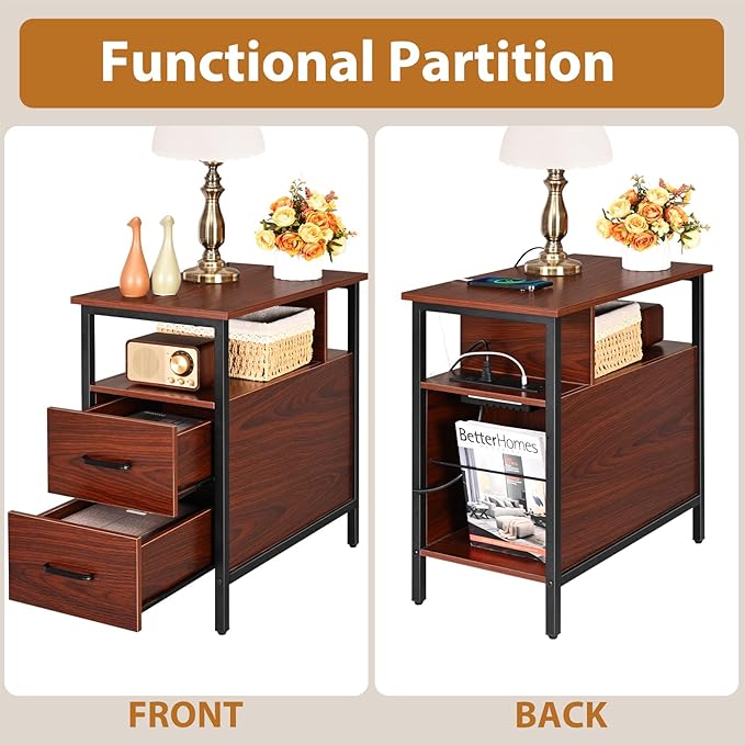 Narrow Side Tables with Charging Station, Narrow End Table with Wooden Drawers, USB Ports and Power Outlets, Nightstand and Bedside Table for Bedroom, End Tables Living Room, Espresso