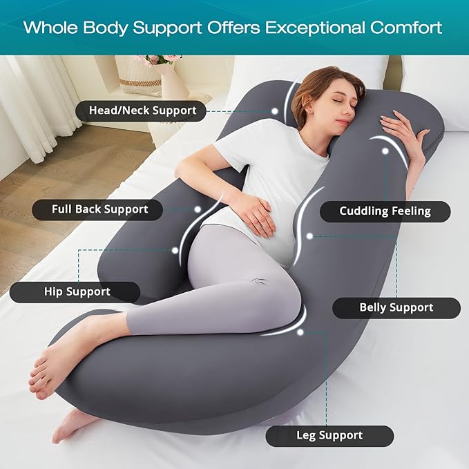 Sasttie Pregnancy Pillows for Sleeping, U Shaped Cooling Full Body Pillow with Removable Cover, Pregnant Women Must Haves, Maternity Essential, Dark Grey
