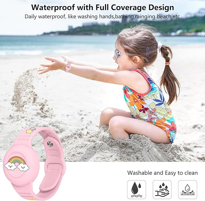 for Airtag Wristband Kids Waterproof,Silicon Cute Rainbow Cartoon Hidden Airtag Bracelet Kids,Anti-Lost Apple Airtag Holder Case for Child,Watch Band Tracker Airtag Case for Toddler-Pink