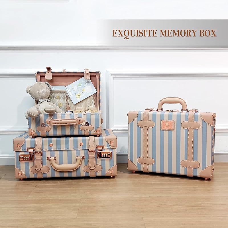 Unitravel Baby Keepsake Case, 13" Handmade Memory Storage Box, Newborn Keepsake Box, Vintage Suitcase for Baby Shower, Baptism, Naming Ceremony or Birthday (blue strip)