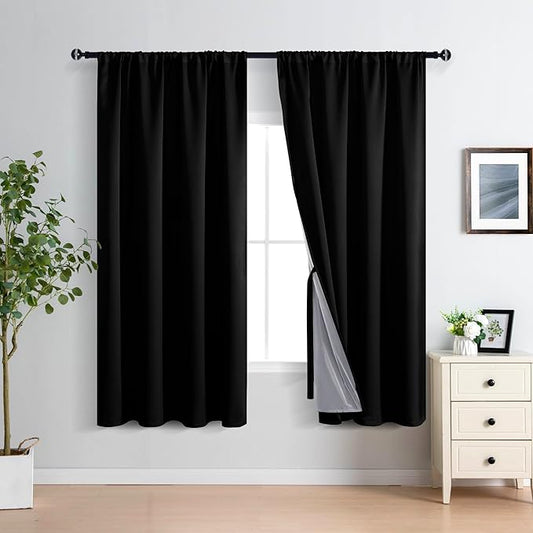 XWZO 100% Blackout Curtains 63 Inches Long with Tiebacks - Heat and Full Light Blocking Thermal Insulated Window Panels for Bedroom/Office, Rod Pocket, Black, W52 x L63, Set of 2