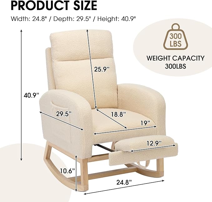 NIOIIKIT Modern Nursery Rocking Chair, Teddy Upholstered Rocking Chair with Footrest, Comfortable Rocker Recliner with Side Pocket, Glider Rocker for Living Room, Bedroom, Nursing Room (Cream)