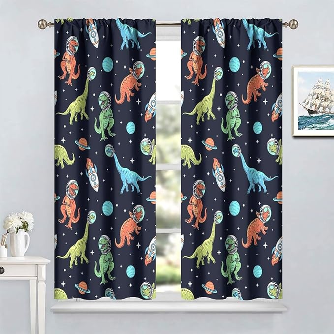 Cartoon Dinosaur Curtains for Kids Boys Girls Home Decor, Astronaut Rocket Funny Outer Space Blackout Rod Pocket Window Drapes for Bedroom Living Room W31.5xL63in 2 Panels