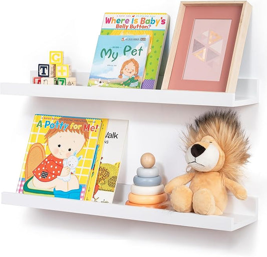 Picture Ledge Shelf for Wall, 24 inch Solid Pine Wood Nursery Book Shelves 2 Packs, Floating Ledge Shelves for Kids' Room Bedroom Bathroom Living Room Photo Frames Office Nursey Wall Decor, White