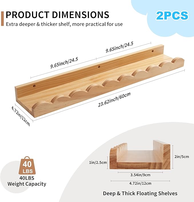 Nursery Book Shelves, Scalloped Floating Shelves Set of 2 Solid Pine Wood Wall Mounted Bookshelf with Wave Lip for Bedroom Kids, Toddler Room, Baby Room 24inch Natural