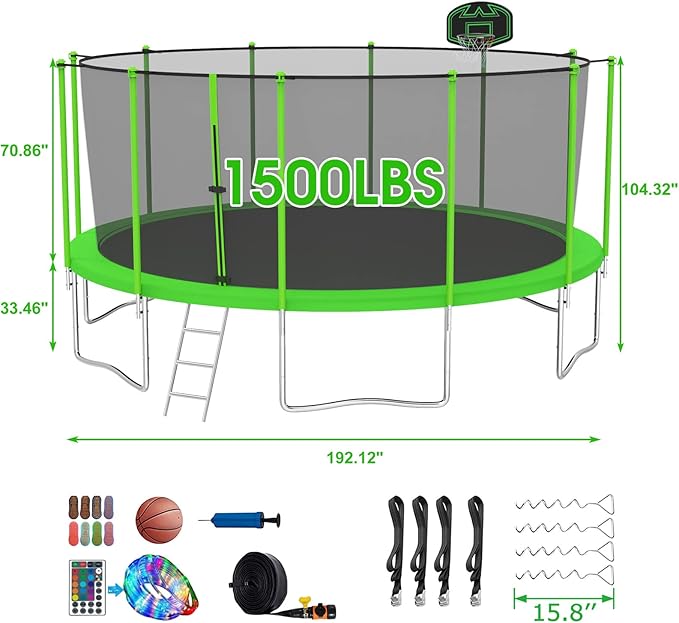 SKYUP Tranpoline 1500LBS 16 15 14 12 10 8 FT Tranpoline for 7-10 Kids and Adults, Windproof Outdoor Tranpoline with Enclosure Net, Basketball Hoop, Easy to Install & Last Long - ASTM Approved