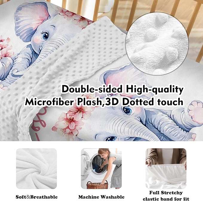 Personalized Nursery Crib Bedding Set: Custom Name 5 Piece Baby Crib Sets with Pink Flower and Elephant Pattern - Toddler Double Layer Blanket Set, Comfortable Crib Bed Sheets for Baby Grils