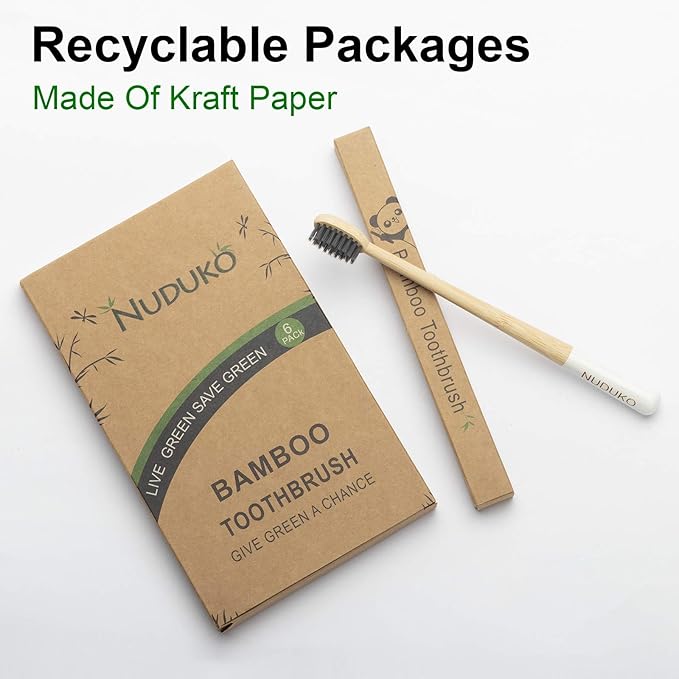Biodegradable Bamboo Charcoal Toothbrushes, Soft Bristle, Eco-Friendly, Sustainable, BPA Free, Organic, Compostable, Travel Toothbrushes, 6 Pack