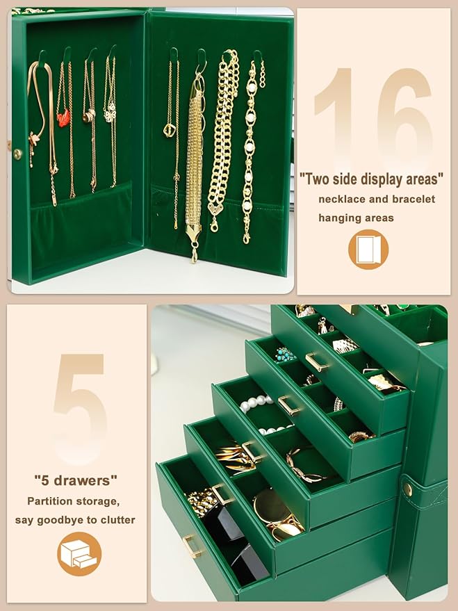 BOOVO Jewelry Box For women, 6 Layer Large Jewelry Organizer With Mirror, Multi-Function Storage Box With Lock, Necklace Holder With 5 Drawers, For Earrings Necklace Bracelet (Green and Gold)