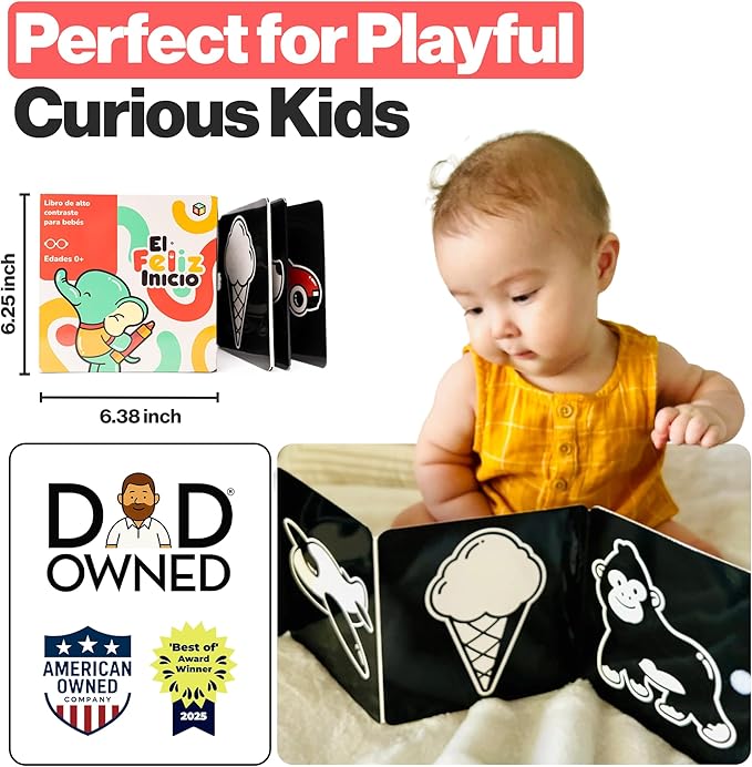 Happy Start Award-Winning High Contrast Board Book - Newborn Black & White Baby Cards, Easy to Clean, Hospital Approved, Stands on Its Own, Tummy Time Toy, Ages 0+ (Spanish)