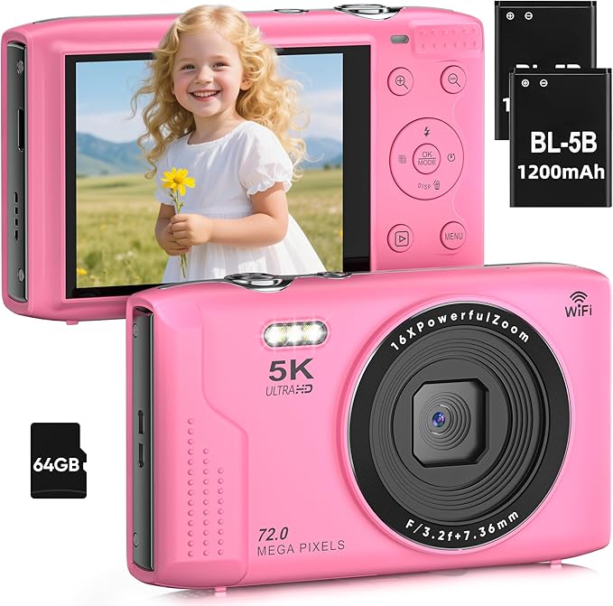 T TAKMLY Digital Camera 5K, Autofocus 16x Zoom 72MP Point and Shoot Cameras Compact Portable with Flash for Kids Boys Girls Teens Students, Anti Shake 2.8'' Screen, 64GB Card Include, Pink