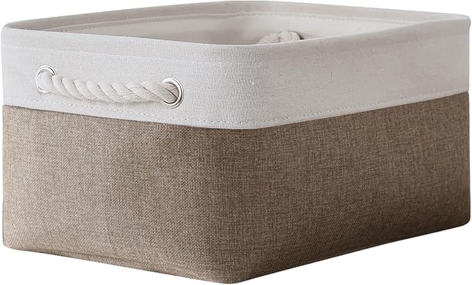 TheWarmHome Storage Basket for Shelves - 1 Pack 14x10x6.7 inch Collapsible Storage Bins Storage Boxes for Organizing for Laundry Closet Gift Cloth Nursery (Whiet & Khaki)
