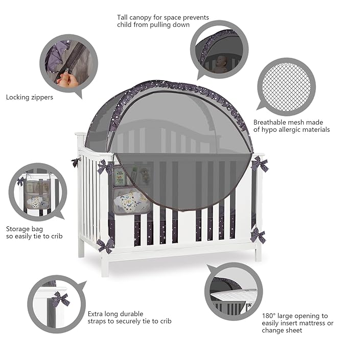 Baby Safety Crib Tent Infant Pop up Mosquito Net Nursery Bed Canopy Netting Cover - Keep Baby from Climbing Out with Hanging Diaper Storage Bag (Dark Gray)