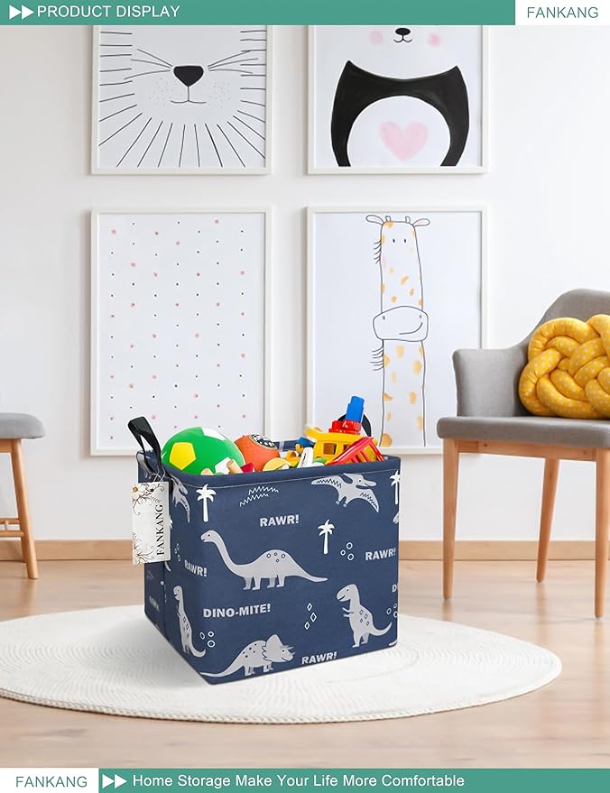 FANKANG Square Nursery Hamper Storage Bins Canvas Laundry Basket Foldable with Waterproof PE Coating Storage Baskets Gift Baskets for Children, Office, Bedroom, Clothes（Square-Blue dinosaur ）