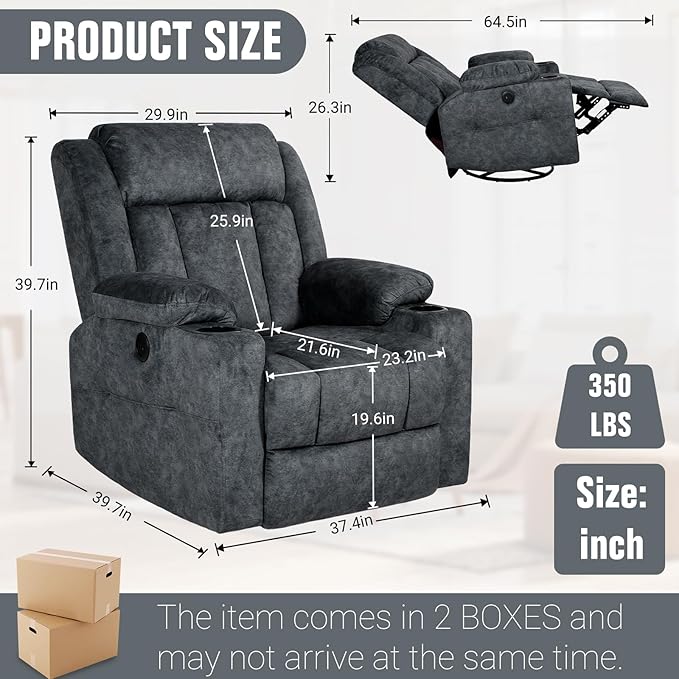 Retro Rocking Recliner Chair, Massage Rocker Recliner Chair with Vibration Massage and Heat, USB and Type-C Ports,360° Swivel Chairs,Living Room, Bedroom, Nursery, RV, Dark Grey