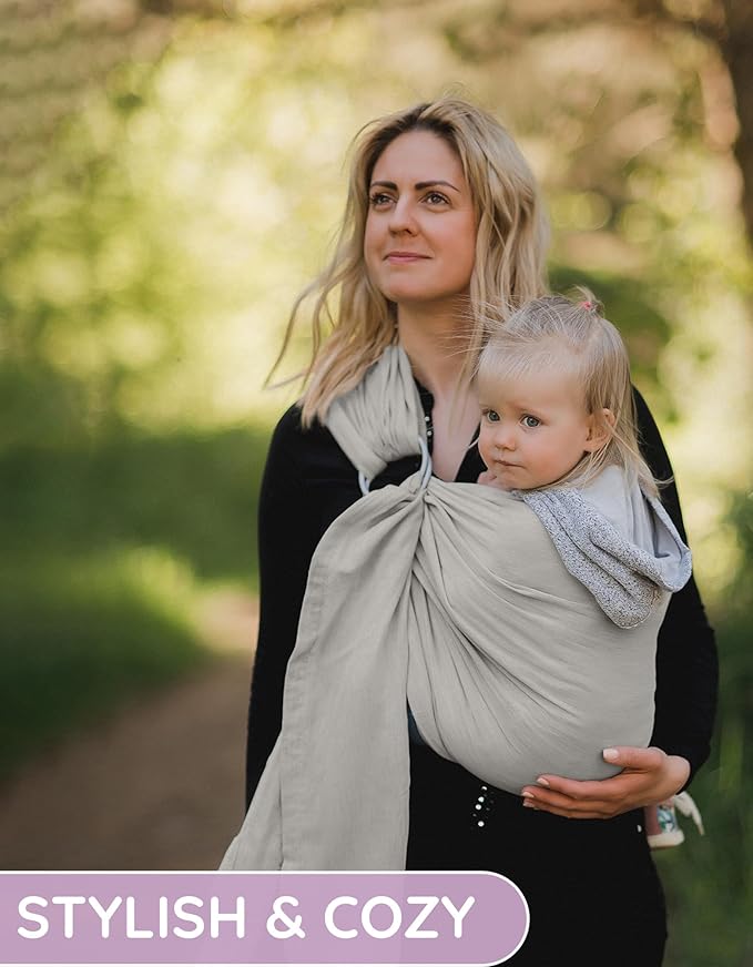 Lightweight - 100% Cotton Muslin Ring Sling Baby Carrier Newborn, Toddler, Infant Holder – Adjustable, Breathable, Beige Baby Sling Carrier