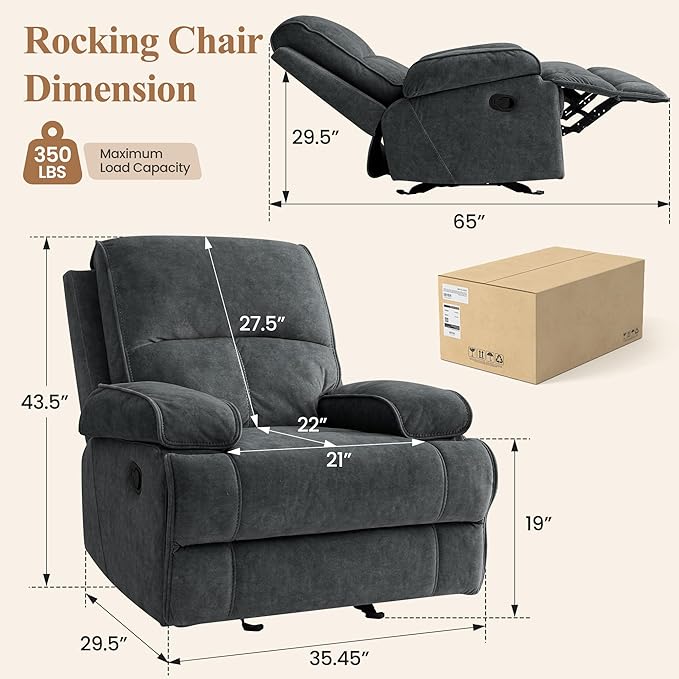 Nursery Rocking Chairs,Velvet Rocker Recliner Nursing Chair,Oversized Nursery Recliner Glider Chair with Extra Wide Footrest for Breastfeeding,Dark Grey