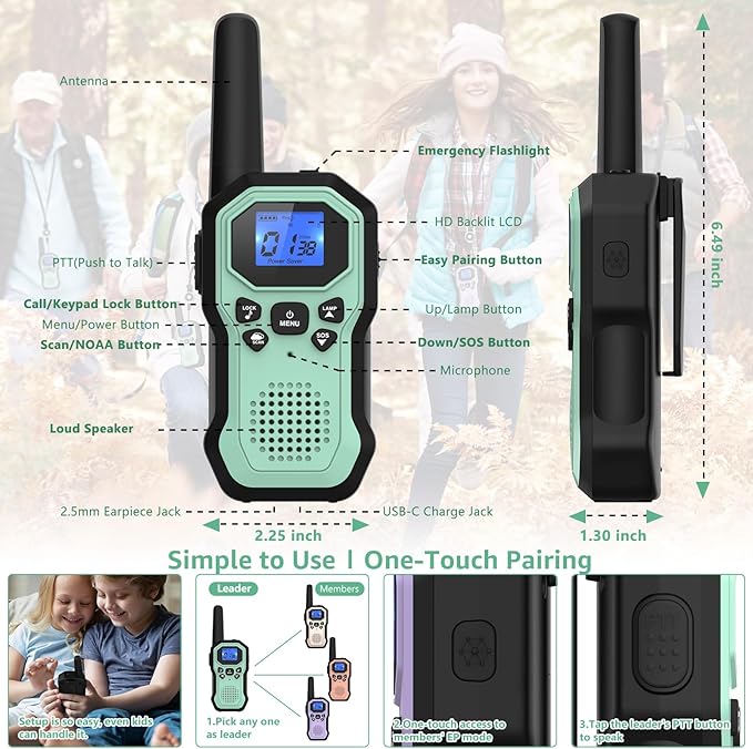 Walkie Talkies for Adults Long Range 2 Way Radios for Kids Rechargeable 4 Pack, Hiking Camping Skiing Cruising Gear with Lamp, USB-C, SOS Siren, NOAA Alert, iVOX Hands-Free, One-Touch Pairing