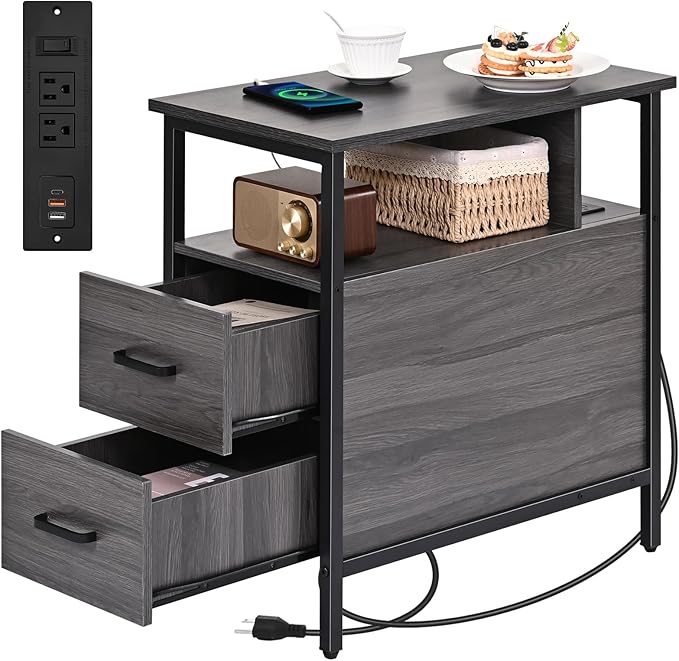 Side Table, End Tables with Charging Station, Narrow End Table with Wooden Drawers, USB Ports and Power Outlets, Nightstand and Bedside Table, End Table Living Room, Bedroom, Dark Grey