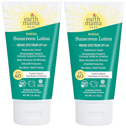 Earth Mama Baby Mineral Sunscreen Lotion SPF 40 | Non-Nano Zinc, Natural Water Resistant Sun Cream for Babies, Kids & Adults, 3-Ounce (2-Pack)