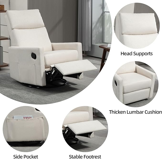Swivel Rocker Recliner Chair, Upholstered Fabric Nursery Rocking Glider Chair with Adjustable Backrest and Footrest, Lay Flat Recliner Single Lazy Sofa for Living Room(Beige)