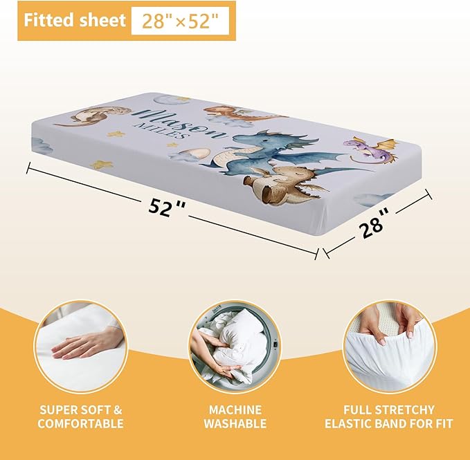 Custom Baby Crib Bedding Set, 5 Pcs Personalized Name Baby Crib Sets for Infant Toddler, Blue Dinosaur Nursery Bedding Set for Baby Boy, Double Layer Baby Bedding Sets Customized Gifts