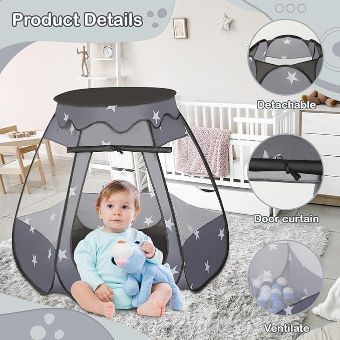 Baby Ball Pit for Toddler with 50 Balls, Kids Pop Up Play Tent for Girls, Princess Toys Gifts for Children Indoor & Outdoor Playhouse (Black: Gray/White/Babyblue, 109x90cm/50 Balls)