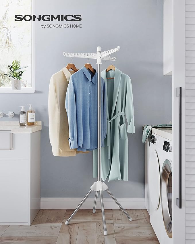 SONGMICS Clothes Drying Rack, 59-Inch Folding Laundry Drying Rack with 3 Rotatable Arms for Hangers, 4 Legs, Stainless Steel, for 27 Pieces of Clothes, White and Silver ULLR510W01