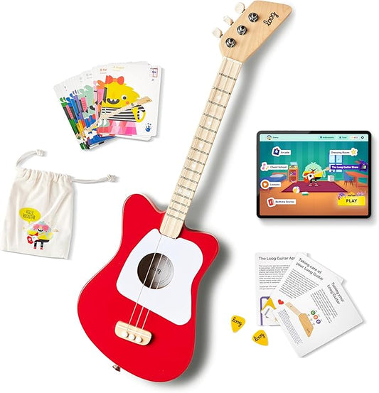 Loog Mini Acoustic kids Guitar for Beginners 3-strings Ages 3+ Learning app and lessons included Red