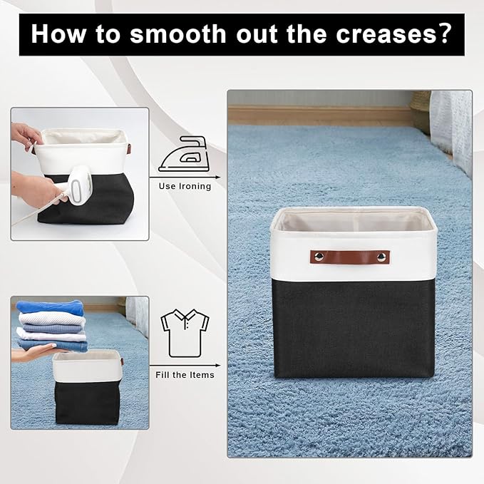 Collapsible Fabric Storage Cubes 11x11 Cube Storage Bins, 4 Pack Closet Baskets Box with Handles for Organizing, Shelf, Toys, Clothes, Home, Office, Nursery (Black&White)