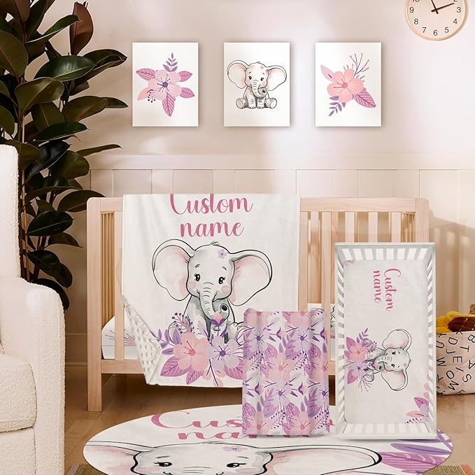 Personalized Nursery Crib Bedding Set: Custom Name Purple Flower 5 Piece Baby Crib Sets with Elephant Design - Toddler Double Layer Blanket Set, Comfortable Crib Bed Sheets for Baby Grils