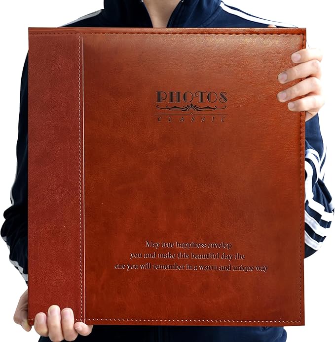 Magnetic Self-Stick Page Photo Album, Family Album, Leather Cover, Hand Made DIY Albums Holds 3x5, 4x6, 5x7, 6x8,8x10 Photos A52035 (Red Brown, Large)