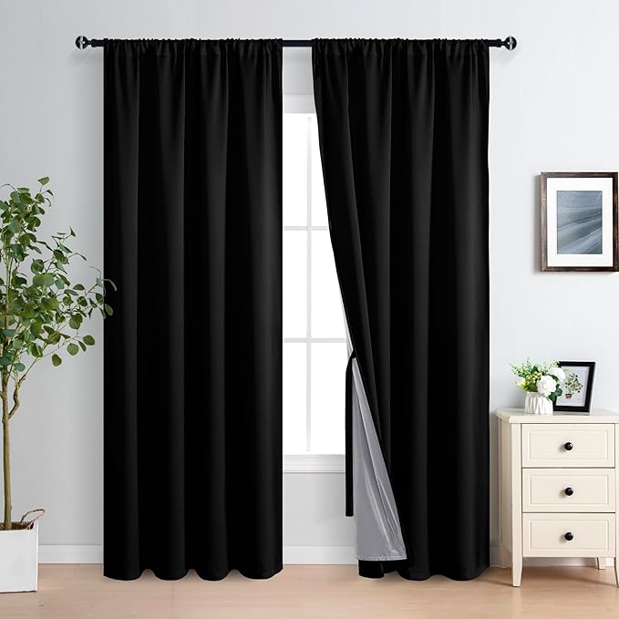 XWZO 100% Blackout Curtains with Tiebacks- Rod Pocket Heat and Full Light Blocking Window Panels & Thermal Insulated Draperies for Wide Large Window, Black, W60 x L84, Set of 2