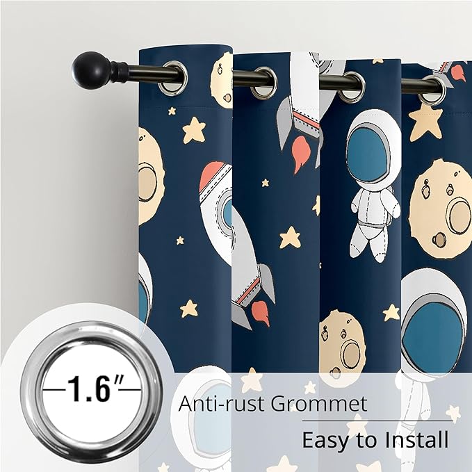 Kids Space Astronaut Planets Rockets Blackout Curtains - 100% Blackout, Thermal Insulated, Noise Reducing, for Kids Room and Nursery, 2 Panels (Astro Buddy Rockets, W52×L84)
