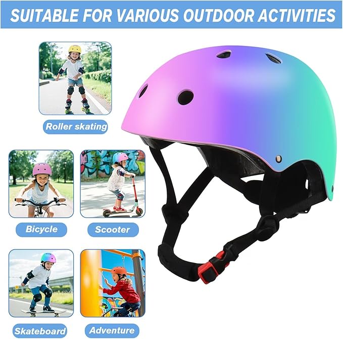 Color Gradient Adjustable Kids' Helmet with Knee & Elbow Pads Set | Multi-Sport Safety Gear for Boys & Girls Ages 5-14 | Skateboarding, Scooters, Roller & Inline Skating, Longboarding