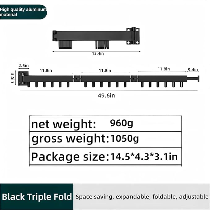 Clothes Drying Rack Wall Mounted,Space Saving Wall Drying Rack,Retractable Collapsible Tri-Fold,for Bathroom,Balcony,Outdoor lndoor with Laundry,Black