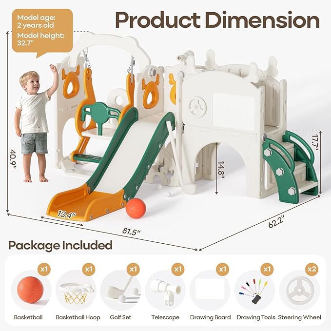 Mloong 12 in 1 Toddler Slide and Swing Set, Kids Slide for Toddlers 1-3 Years Old, Baby Playset Indoor Outdoor with Basketball Hoop Drawing Golf(Yellow & Green)(82×67×41in)